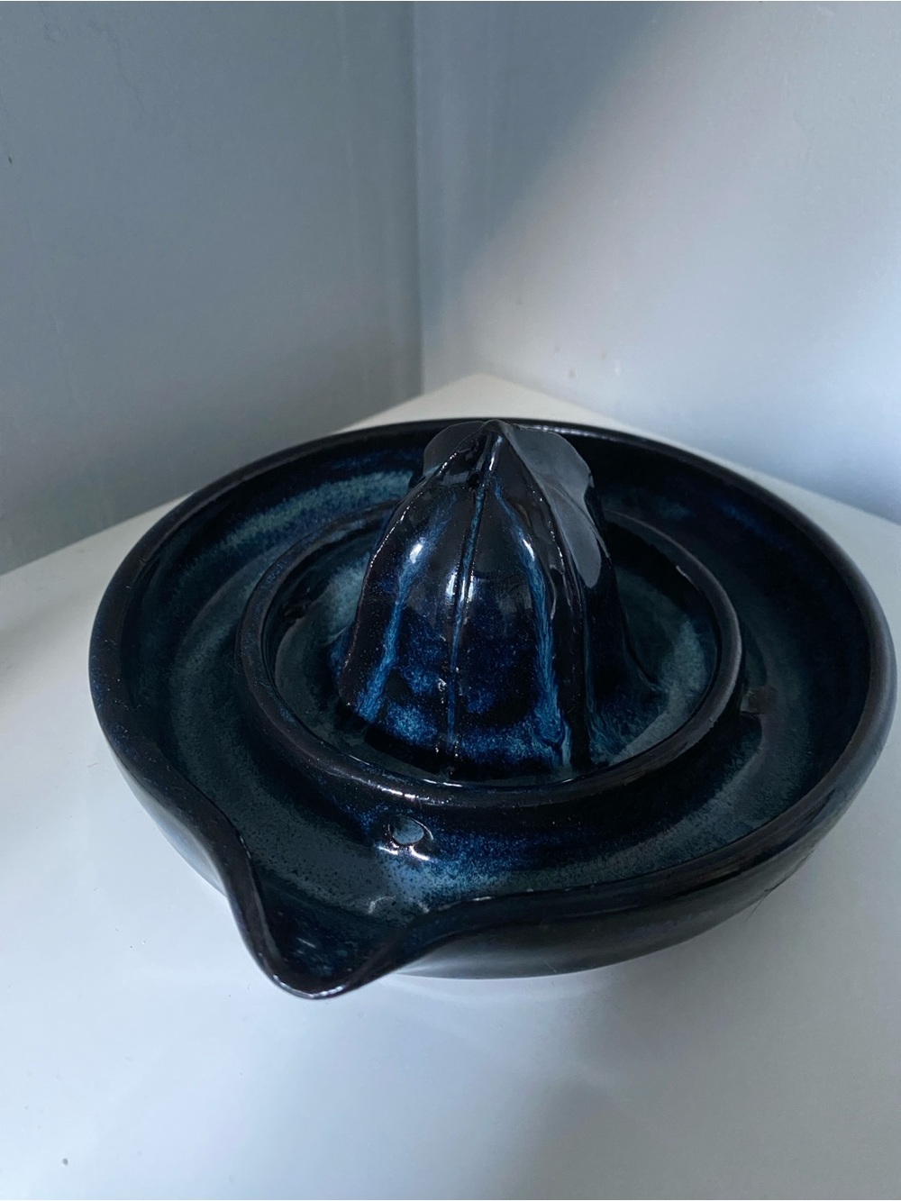 Vintage Handmade Ceramic Citrus Juicer Reamer w/ Finger Loop Handle Cobalt Blue